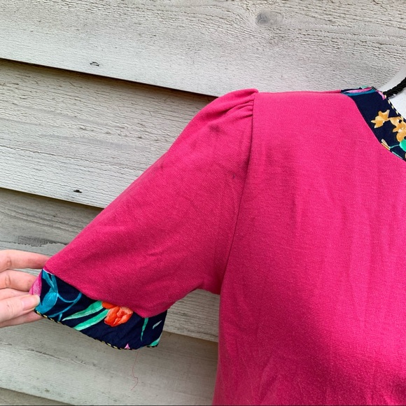Vintage 80s Pink Floral Print Button Down Circle Neck Short Puff Sleeve Blouse - Picture 6 of 16